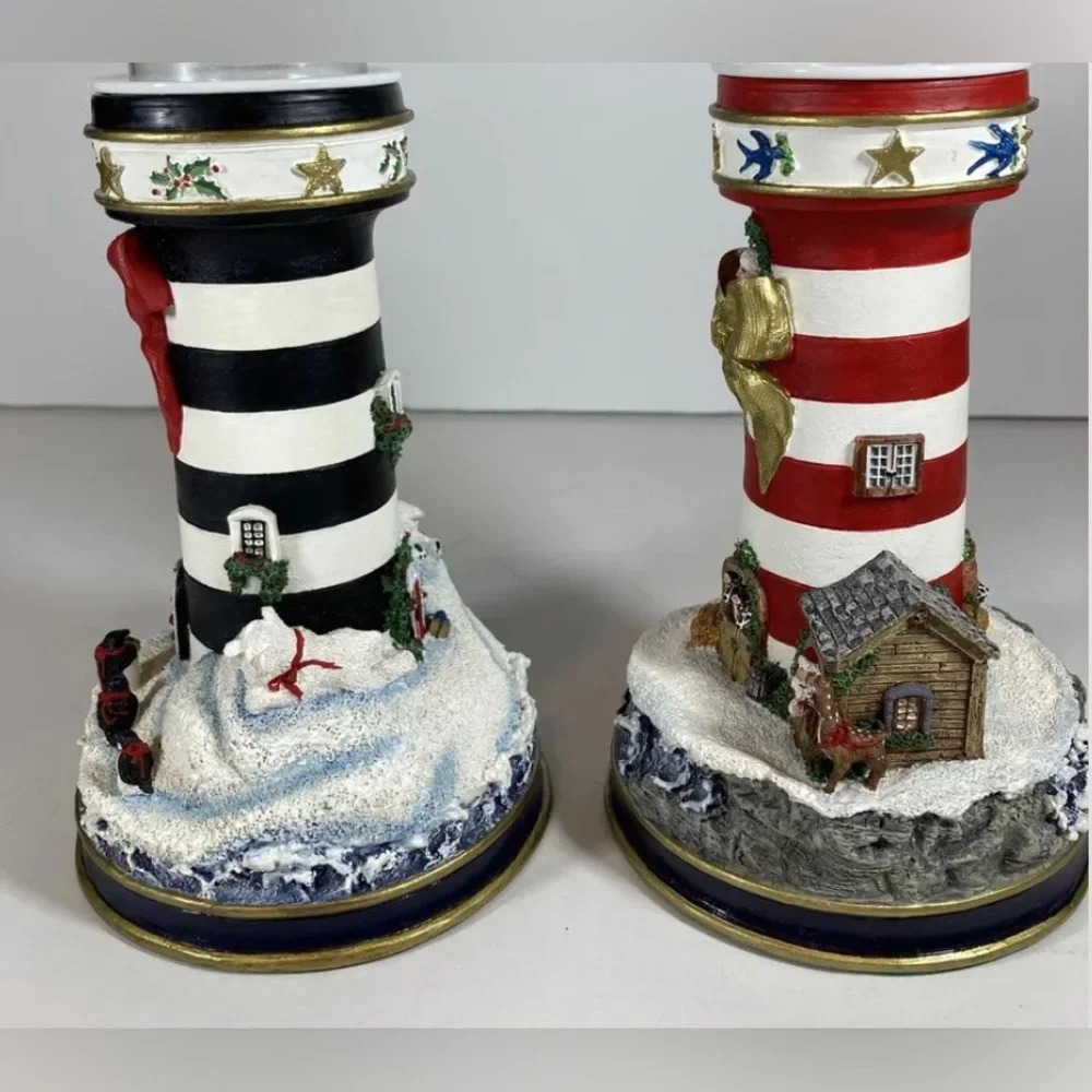 Pair of Danbury Mint Lighthouse Candle Holders‎ Christmas Santa Polar Bear